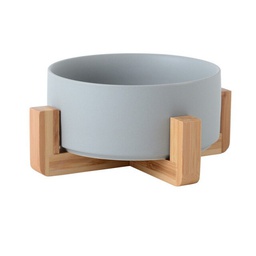 [6920210507310LGY] Ceramic Feeder With Wooden Stand Dia:26cm H:10.5cm Grey